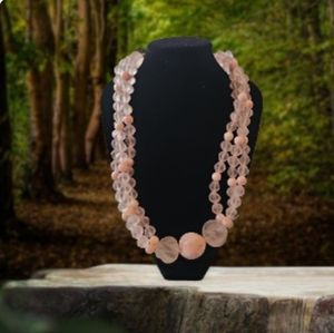 Vintage pink necklace, rose pink chunky beaded, triple strand necklace